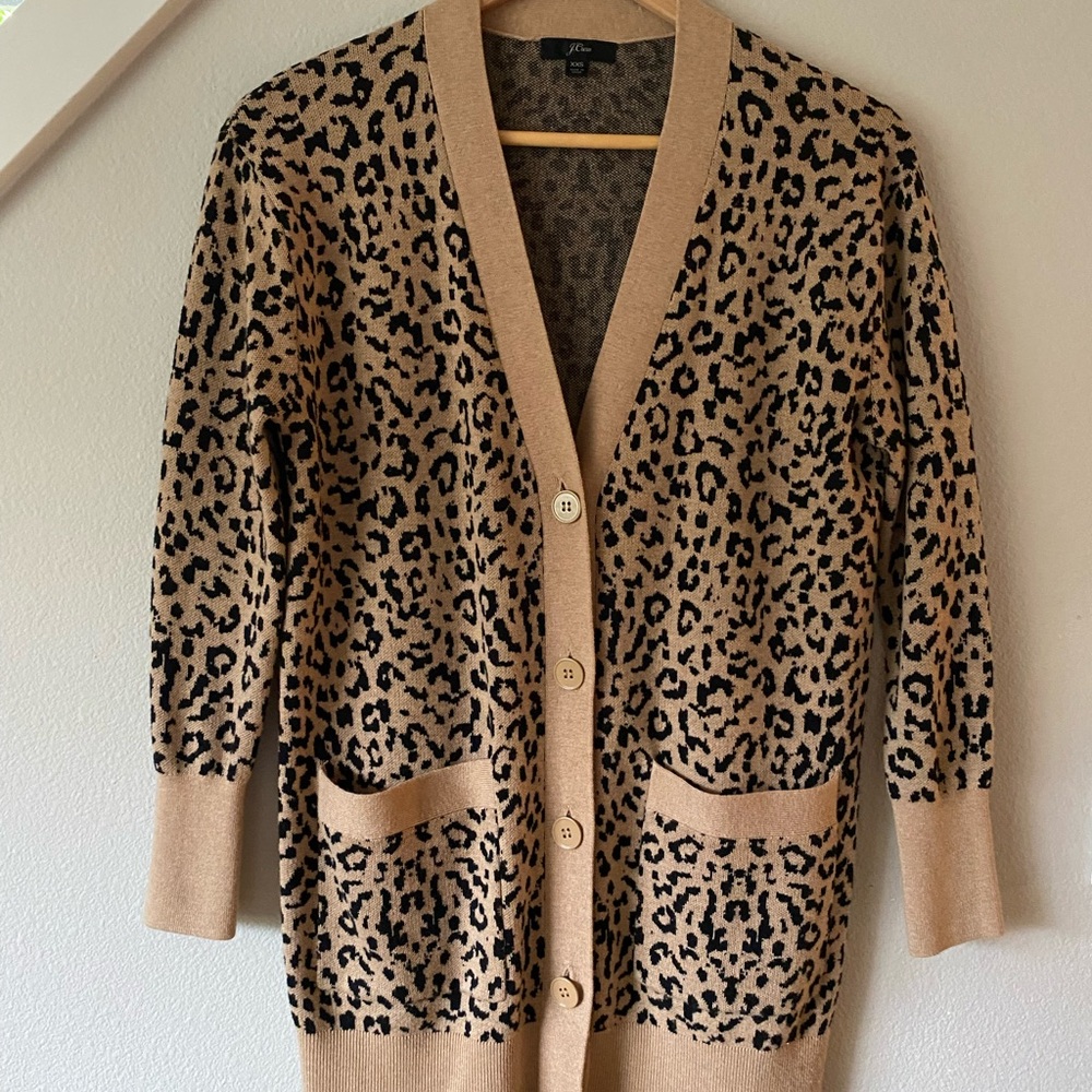 J CREW Merino Wool Blend Leopard Print Button-Up Cardigan Size XXS